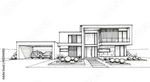 Architectural sketch of a modern minimalist house with a carport and landscaping.