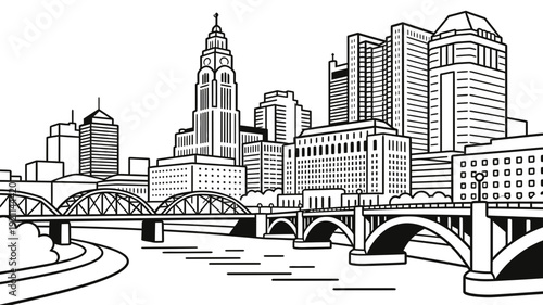 Detailed black and white line art of a bustling city skyline with bridges over a river.