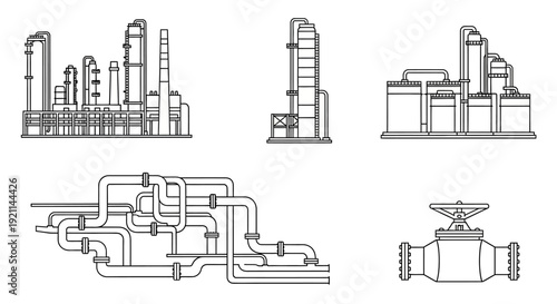 Line art illustrations of industrial plants, processing facilities, complex piping systems, and large valves.