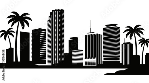 Miami Cityscape Silhouette with Palm Trees.