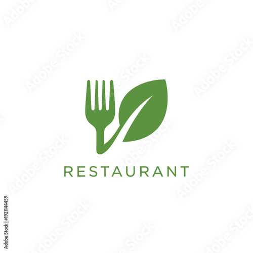 Restaurant logo with fork and leaf symbolizing eco-friendly dining concept illustration
