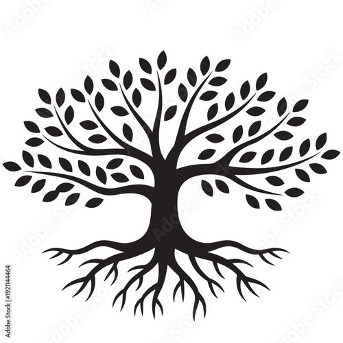 Tree silhouette with roots and leaves on white background  black tree icon with branches and leafy canopy