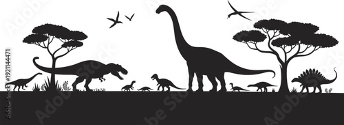 Dinosaurs, prehistoric scene, silhouette vector illustration, wildlife, Jurassic era, Tyrannosaurus rex, Stegosaurus, Brachiosaurus, Pterosaurs, nature, forest, ancient species, evolution