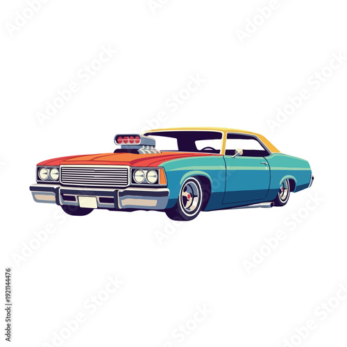 A colorful, cartoon-style illustration of a vintage car speeding with a siren on top in slow motion against a plain white background.