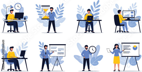 Business Presentation and Office Work Collection with Professionals Using Laptop, Charts and Whiteboard in Corporate Environment Vector Illustration