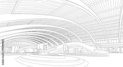 Detailed architectural line drawing of a modern, spacious airport terminal interior with a high arched roof.