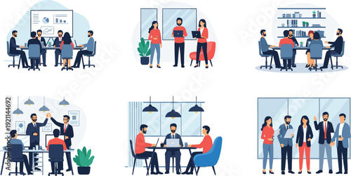 Business Meeting and Teamwork Collection with Office Discussions, Corporate Collaboration and Professional Workplace Scenes Vector Illustration Set