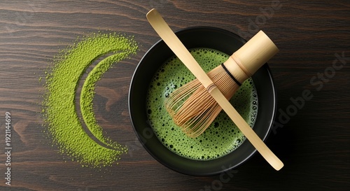 Traditional Japanese matcha tea preparation with a bamboo whisk and a crescent moon design