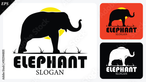 Elephant Silhouette icon wit logo text on white. Simple vector illustration, black big asian elephant, Walking big elephant strong power, Elephant sign and symbol logo icon closeup