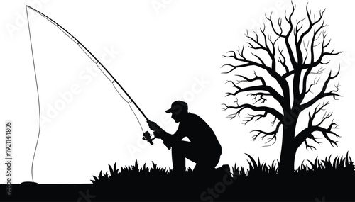 Fishing silhouette vector, kneeling angler, tree branches, grass ground, outdoor nature, peaceful activity, solitude concept, rod casting, abstract illustration