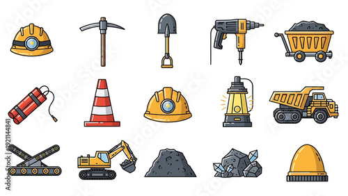 Construction Equipment and Safety Gear Icons Set.