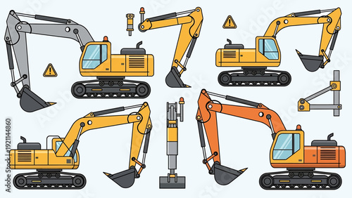 Excavators and Machinery Parts Illustration Set.