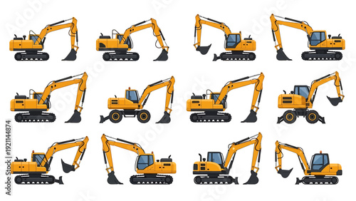 Excavators in Various Positions and Angles.