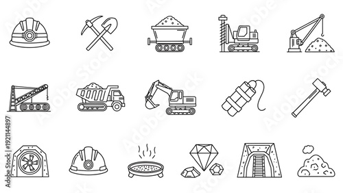 Mining Tools and Equipment Icons Set.