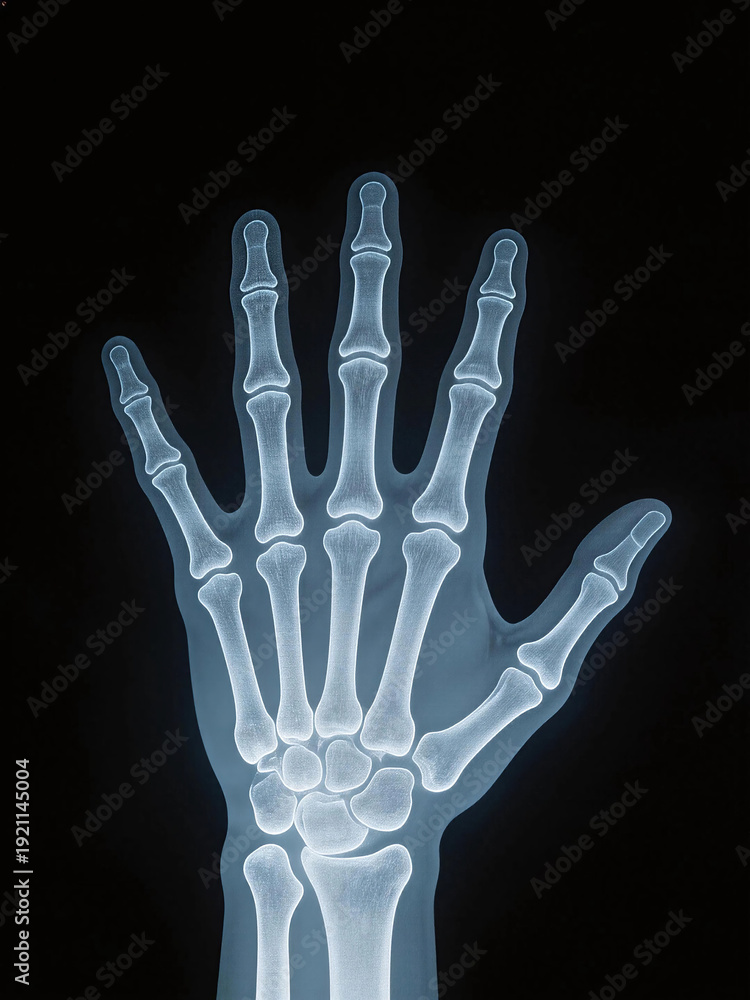Naklejka premium High-resolution X-ray image showing a human hand (bone details clearly visible).
