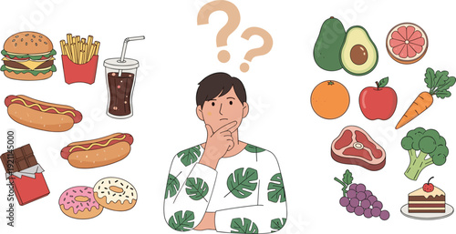 Healthy vs Unhealthy Food Choice Concept with Confused Man Surrounded by Fast Food and Fresh Fruits Vegetables Vector Illustration
