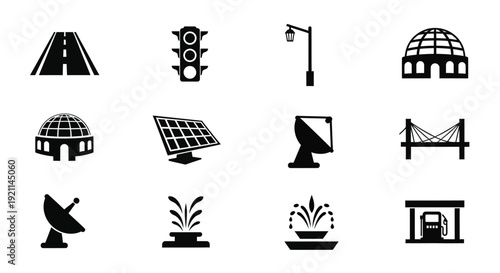 Black icons depicting urban infrastructure in stark silhouette