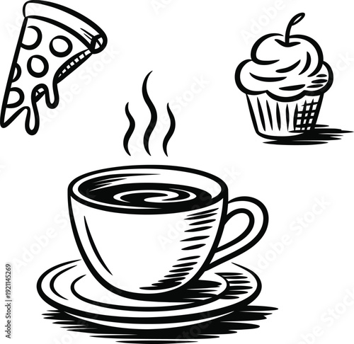 Black and white of coffee cup with saucer and food