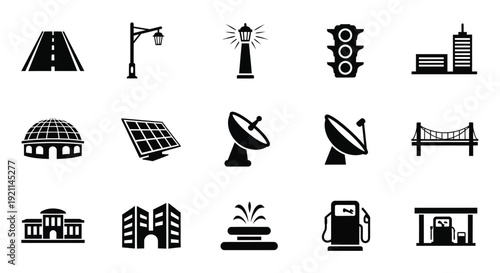 Black icons depicting urban landmarks and infrastructure a striking silhouette