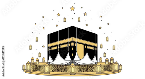 Vector illustration of the Kaaba, a cube structure at Masjid al-Haram in Mecca, surrounded by lanterns and stars, symbolizing Islamic pilgrimage and worship.