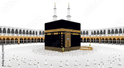 Illustration of the Kaaba, Holy Kaaba, at Masjid al-Haram in Mecca, Saudi Arabia, with a large crowd of pilgrims performing Tawaf, a ritual of Islamic Pilgrimage.