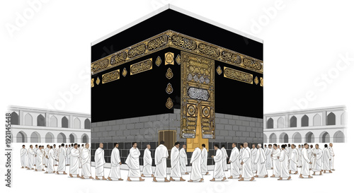 Vector illustration of pilgrims performing Tawaf around the Holy Kaaba in Masjid al-Haram, Mecca, with a cube structure and Kiswah, symbolizing Islamic Pilgrimage and Spiritual Journey.