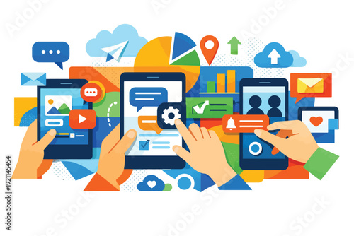 people and technology illustration, digital innovation visual, modern tech concept, remote 