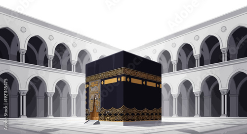 Illustration of the Holy Kaaba in Masjid al-Haram, Mecca, with a cube structure and gold Kiswah, surrounded by arches in a sacred mosque courtyard.