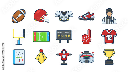 American Football and Rugby Icon Set, Filled Line Vector Illustration of Sports Equipment, Stadium, and Championship Elements