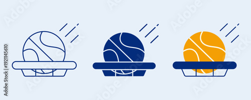 Basketball in the Hoop Icon Set with Motion Lines in Outline, Filled, and Flat Styles, Sports Equipment Symbol Vector Illustration