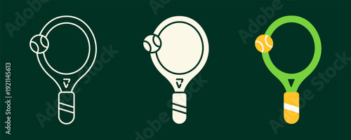 Tennis racket and ball icon set. Outline, solid and flat styles, sports equipment symbol vector illustration isolated on green background