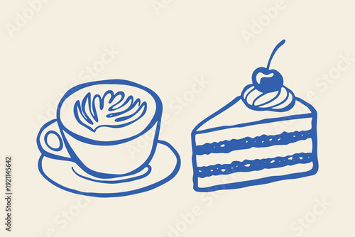 Coffee cup and cake doodle hand drawn vector illustration