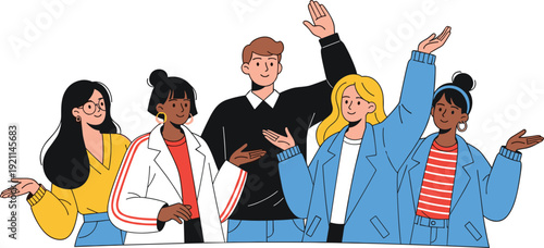 Happy Diverse Friends Group Waving and Smiling Together, Young Multicultural People Showing Greeting Gesture Vector Illustration