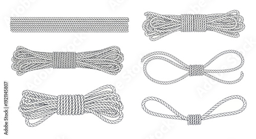 Collection Of Rope Knots And Coils Isolated On White Background