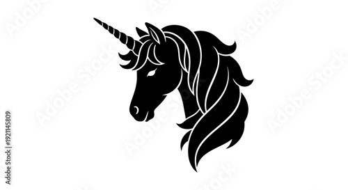 Black Silhouette Unicorn Head with Flowing Mane, Mythical Creature