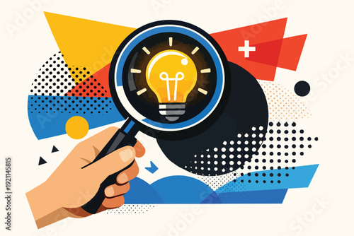 Collage hand holding magnifying glass with lightbulb symbol search idea innovation analysis concept illustration