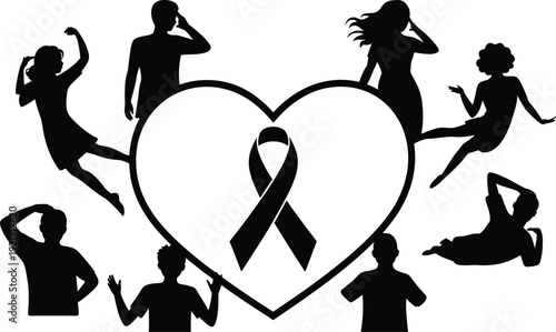 Heart awareness, black ribbon, unity, compassion, silhouette vector illustration, family support, solidarity, remembrance, health cause, charity, humanity, togetherness, care