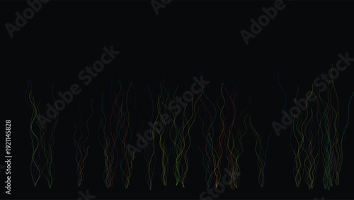 Flow lines and fiber optics with glowing light trails in a dark, dynamic composition, abstract representation of fluid motion with vibrant colors