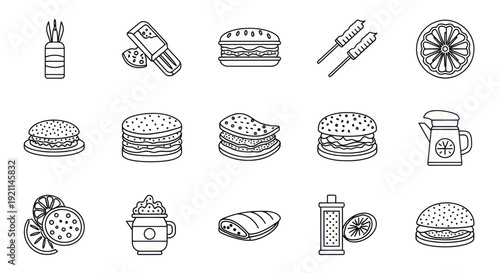 Fast Food Icons: Burgers, Hot Dogs, Drinks, Fries, and Condiments Line Art