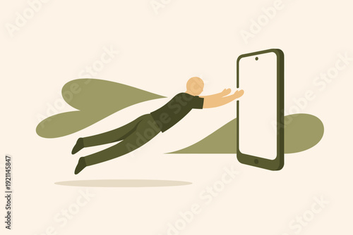 Digital Addiction Concept – Human Pulled Toward Smartphone Gravity (Minimal Flat Vector)