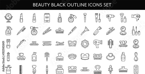 Extensive set of black line art beauty icons featuring hair tools makeup lipstick perfumes hair dryers and salon accessories for cosmetics branding and web design.