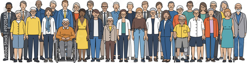 Large Diverse Group of Senior Adults Standing Together, Elderly Men and Women Community Portrait Full Body Vector Illustration