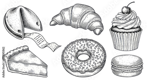Hand-drawn baked goods collection: pie, croissant, donut, cupcake, fortune cookie, macaron