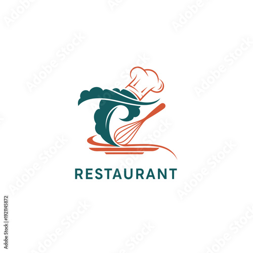Restaurant logo design featuring wave chef hat and utensils symbolizing culinary art