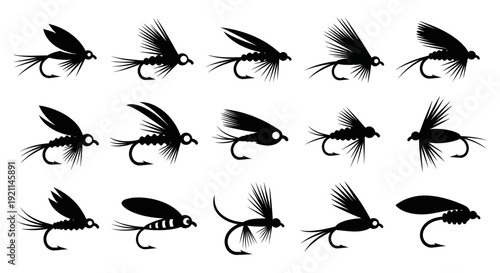 Set of Black Fly Fishing Lures Silhouettes, Fishing Flies Icons
