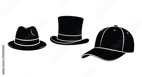 Three distinct hats displayed in a stark black silhouette