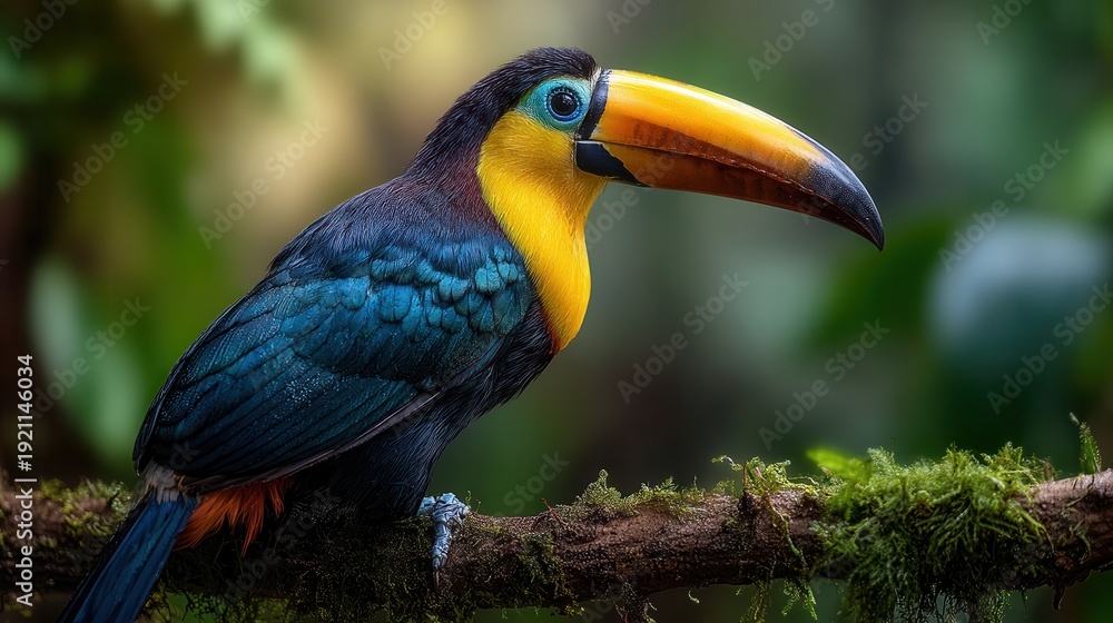 Obraz premium Vibrant toucan perched on mossy branch in lush rainforest