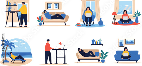 People Relaxing at Home Collection with Cozy Living Room Scenes, Working, Reading and Leisure Activities Indoor Lifestyle Vector Set