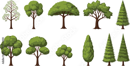 Collection of various green tree silhouettes isolated on white background, forest nature vector illustration set for landscape design projects
