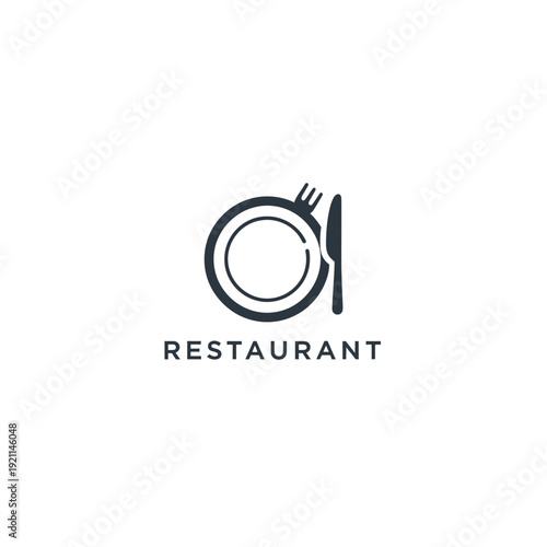 Restaurant logo with plate, fork, and knife, symbolizing dining experience